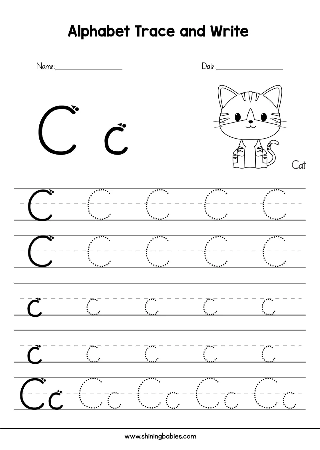 Tracing letter 'C' worksheet for kids.