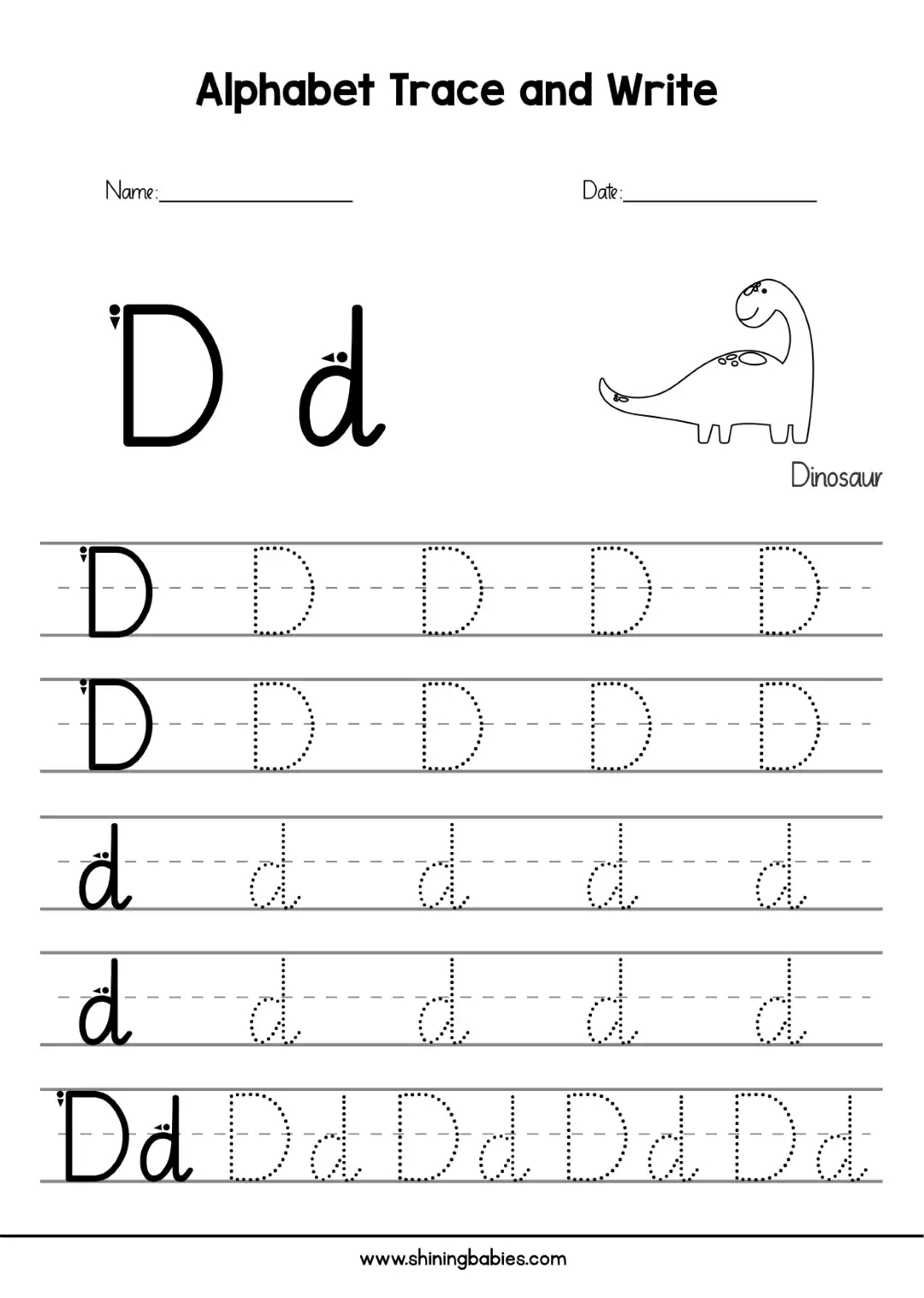 Tracing letter 'D' worksheet for kids.