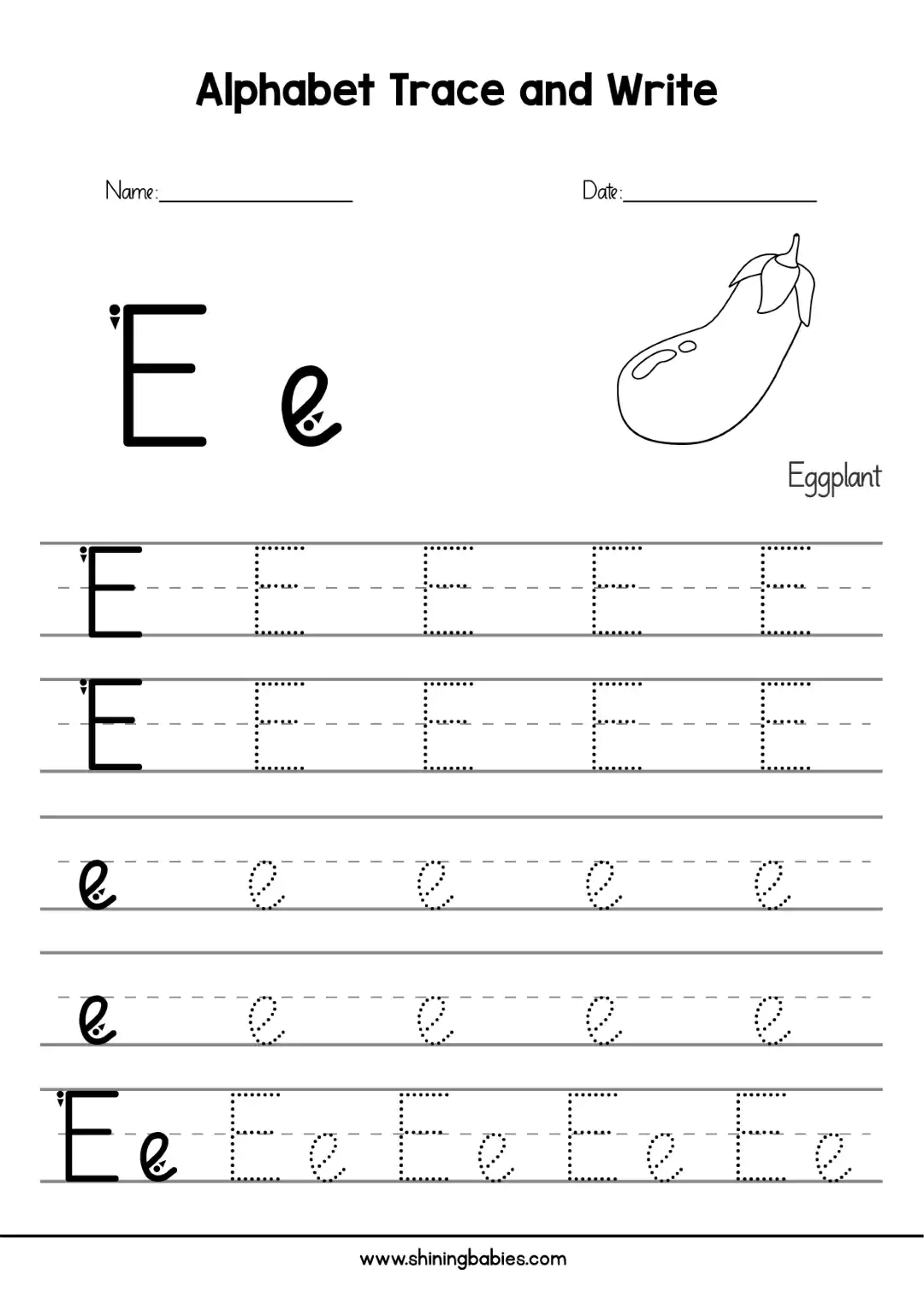 Tracing letter 'E' worksheet for kids.