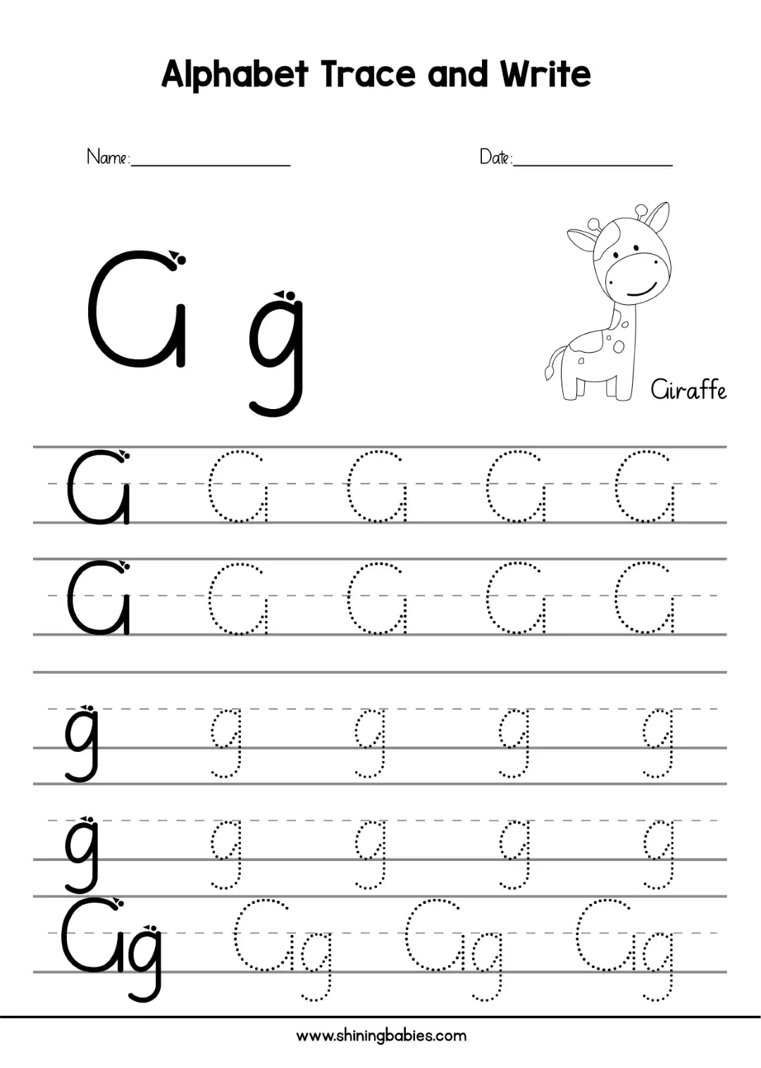 Tracing letter 'G' worksheet for kids.